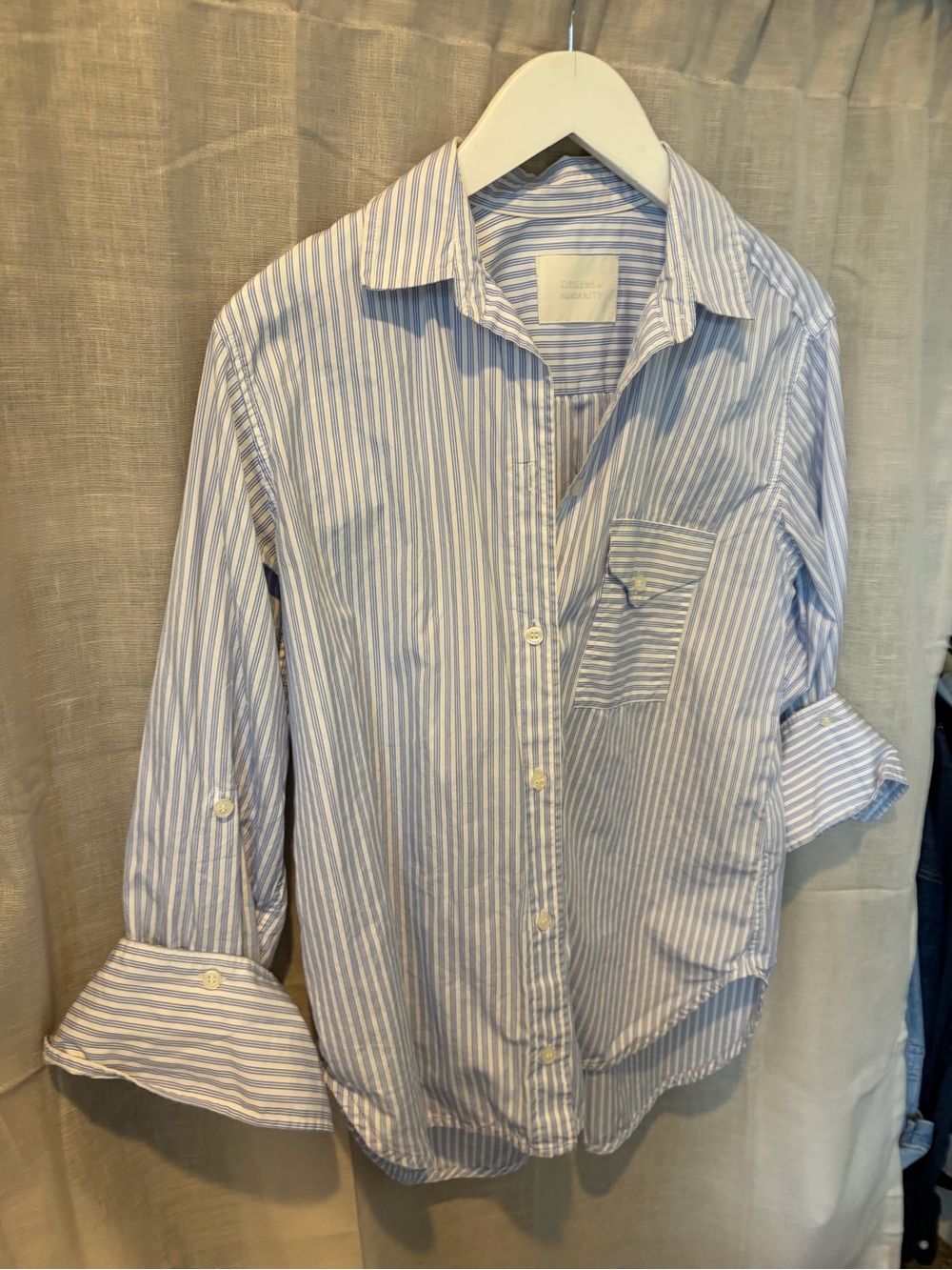 Citizens Of Humanity Seersucker Kayla Blue and White Striped Button-Down Shirt